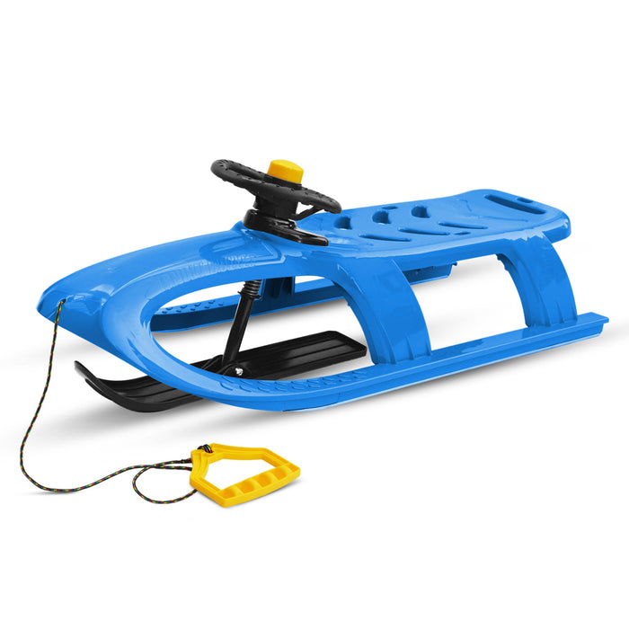 Children's sledge, plastic sledge with steering wheel, blue