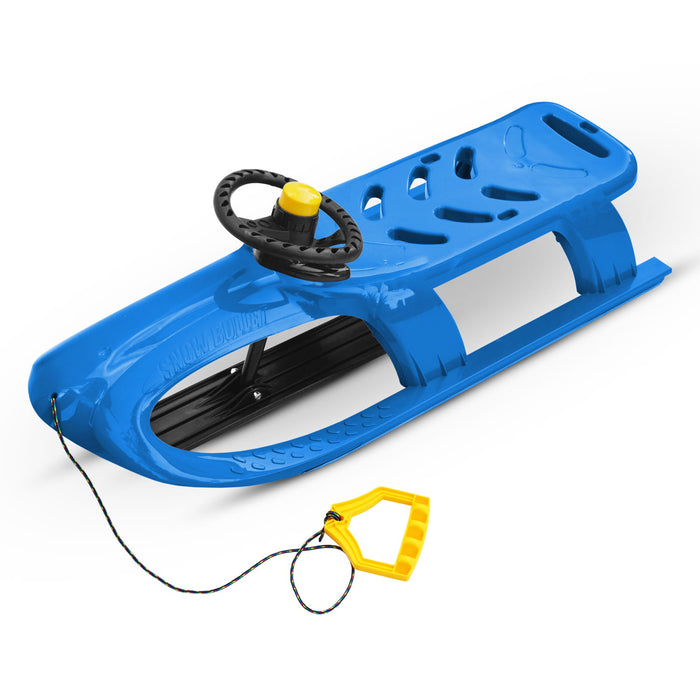 Children's sledge, plastic sledge with steering wheel, blue